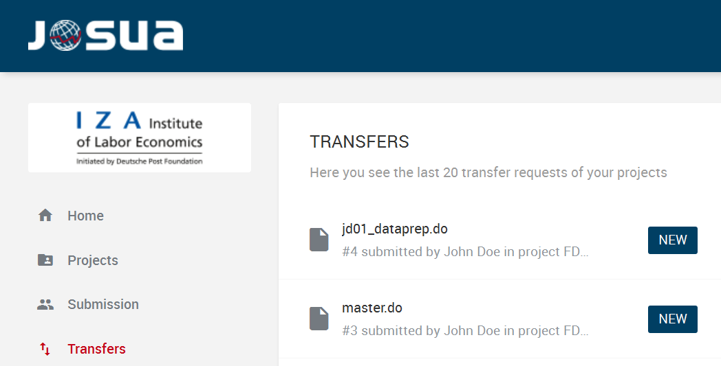 Die Abbildung zeigt den Reiter Transfers. Hier sind die transferierten Do-Files aufgelistet.