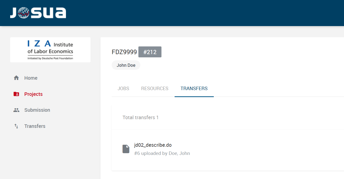 The figure shows the Transfers tab. All uploaded do-files are listed here.